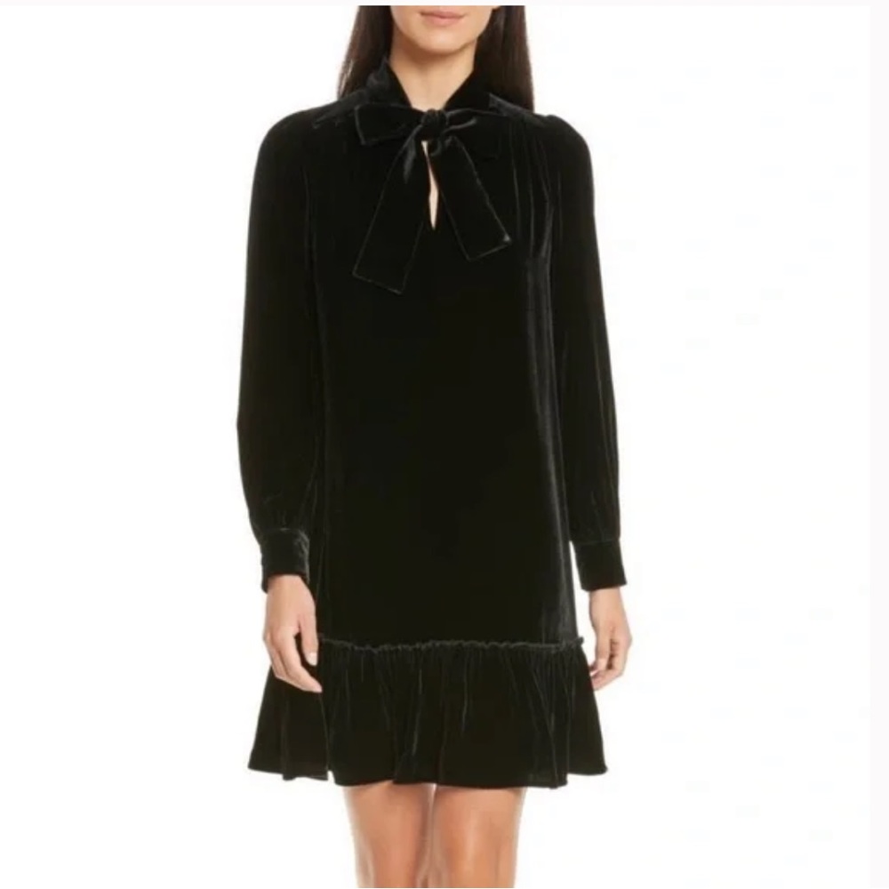 Kate Spade Velvet Bow Tie Neck Ruffle Dress Size Small